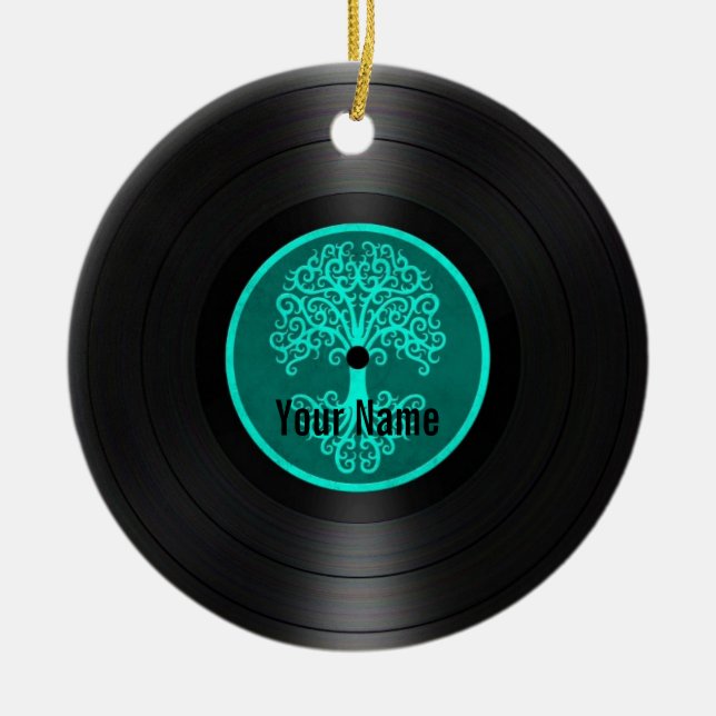 Teal Blue Tree of Life Personalised Vinyl Record Ceramic Tree Decoration (Front)