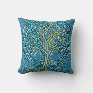 Teal Blue Tree of Life Throw Pillow