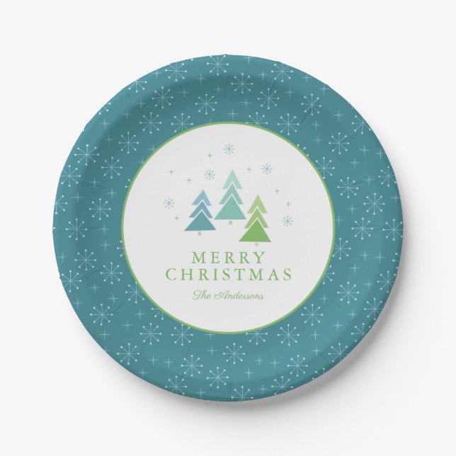 Teal & Blue Trees Snowflakes Christmas Party Paper Plate (Front)