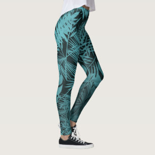Teal blue tropical palm leaf botanical pattern fun leggings