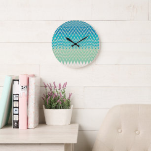 Teal Blue, turquoise and Green Zigzags   Large Clock