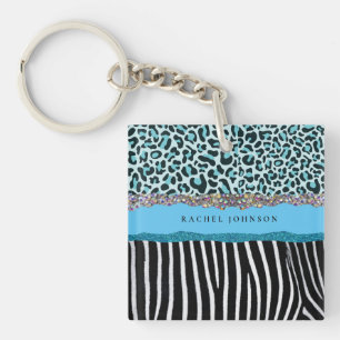 Teal Blue Turquoise Girly Modern Glam Retro Key Ring