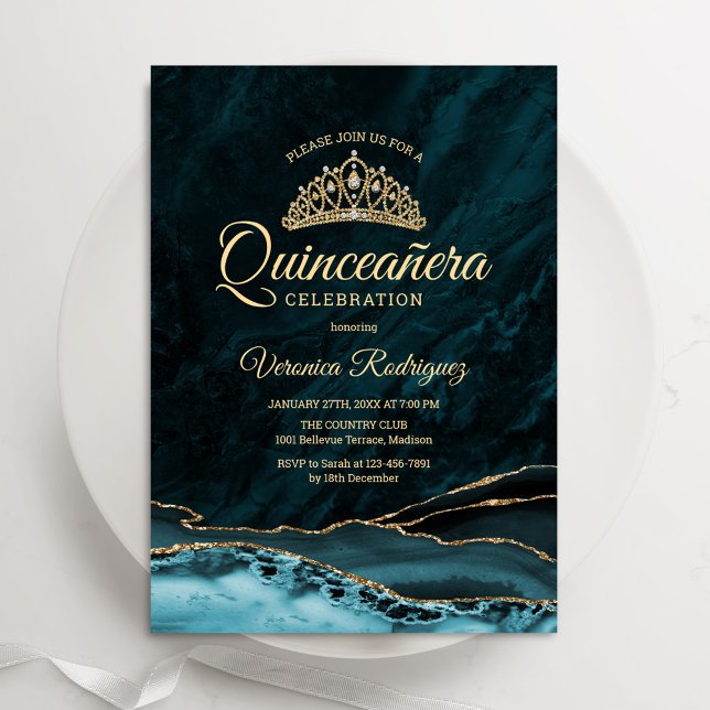 Teal Blue Turquoise Gold Quinceanera Agate Marble Invitation (Creator Uploaded)