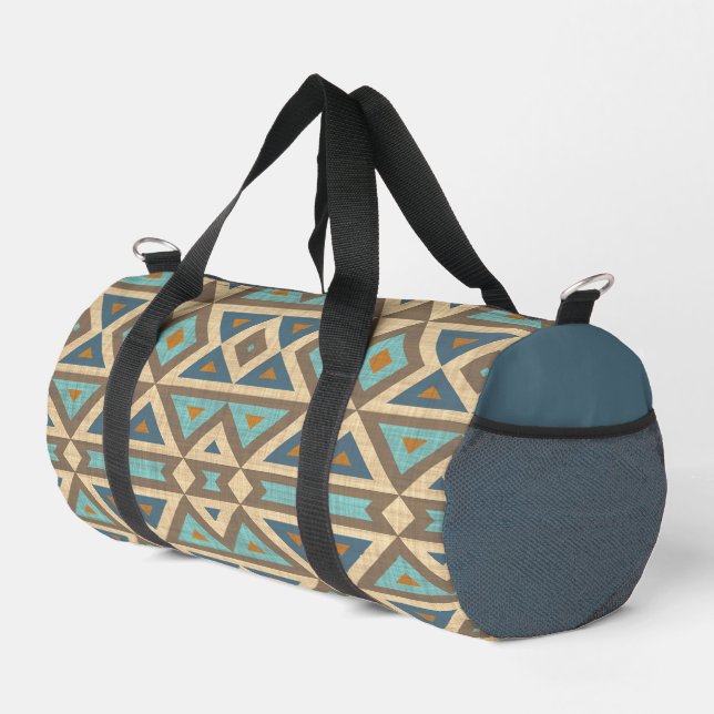 Teal Blue Turquoise Orange Brown Tribal Art Duffle Bag (Right Corner)