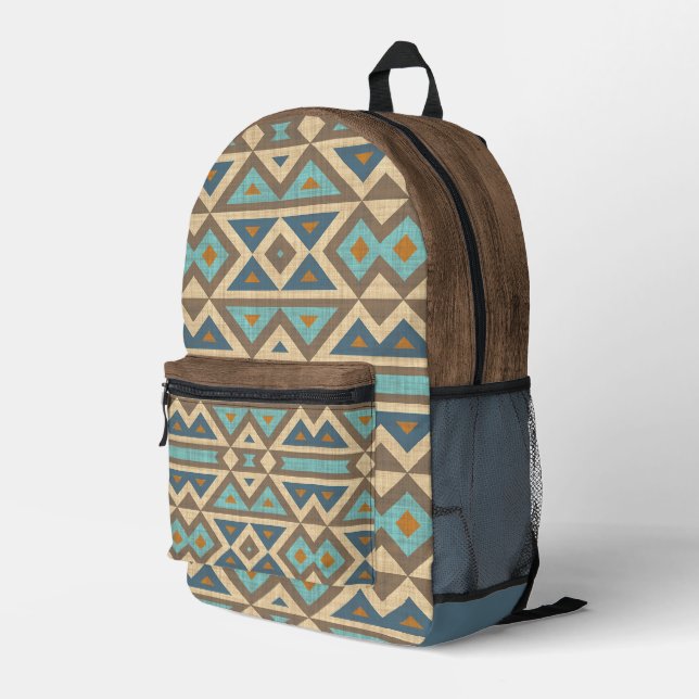 Teal Blue Turquoise Orange Brown Tribal Art Printed Backpack (Back Corner Right)