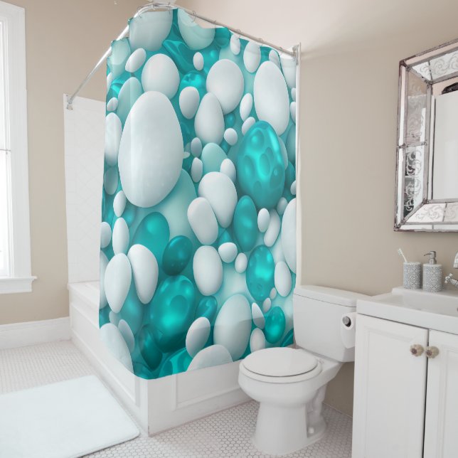 Teal Blue Turquoise Pearl Aqua White Abstract Shower Curtain (In Situ)