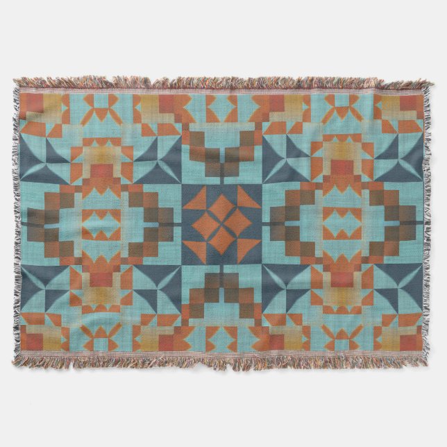 Teal Blue Turquoise Rust Orange Brown Tribal Art Throw Blanket (Front)