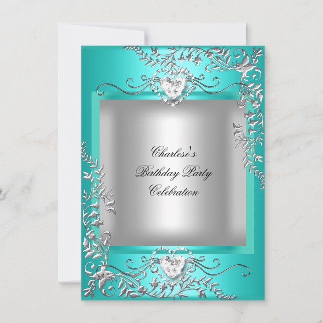 Teal Blue Turquoise Silver Birthday Party Invitation (Front)