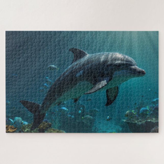 Teal Blue Underwater Dolphin Scene I Jigsaw Puzzle (Horizontal)