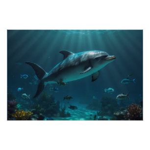 Teal Blue Underwater Dolphin Scene Poster