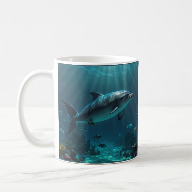 Teal Blue Underwater Dolphin Scenes Coffee Mug (Left)