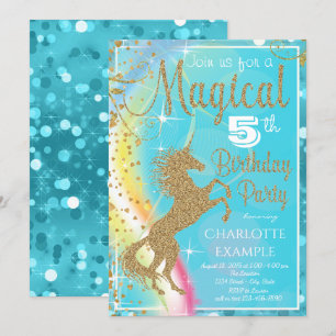 Teal Blue Unicorn Birthday Party Invitations