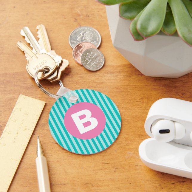 Teal Blue Vertical Striped Pink Circle Monogram Key Ring (Desk)