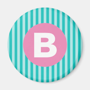 Teal Blue Vertical Striped Pink Circle Monogram Magnet