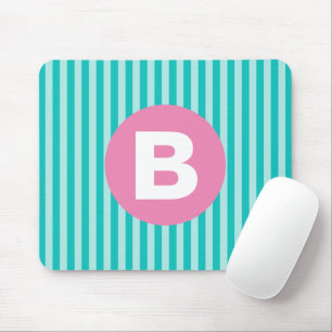 Teal Blue Vertical Striped Pink Circle Monogram Mouse Mat