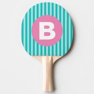 Teal Blue Vertical Striped Pink Circle Monogram Ping Pong Paddle