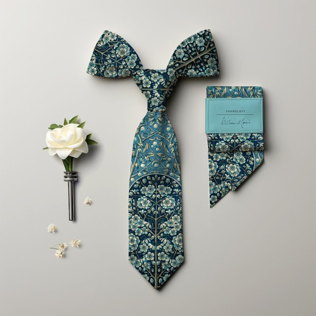 Teal Blue Victorian-Era Floral Snowberry Men's Tie (Creator Uploaded)