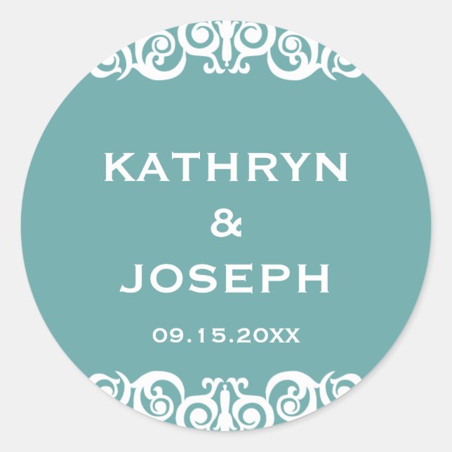 Teal blue Victorian scroll wedding favour label (Front)