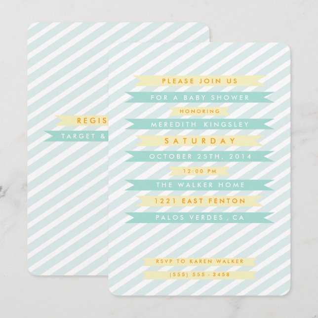Teal Blue Vintage Banners Baby Shower Invitations (Front/Back)