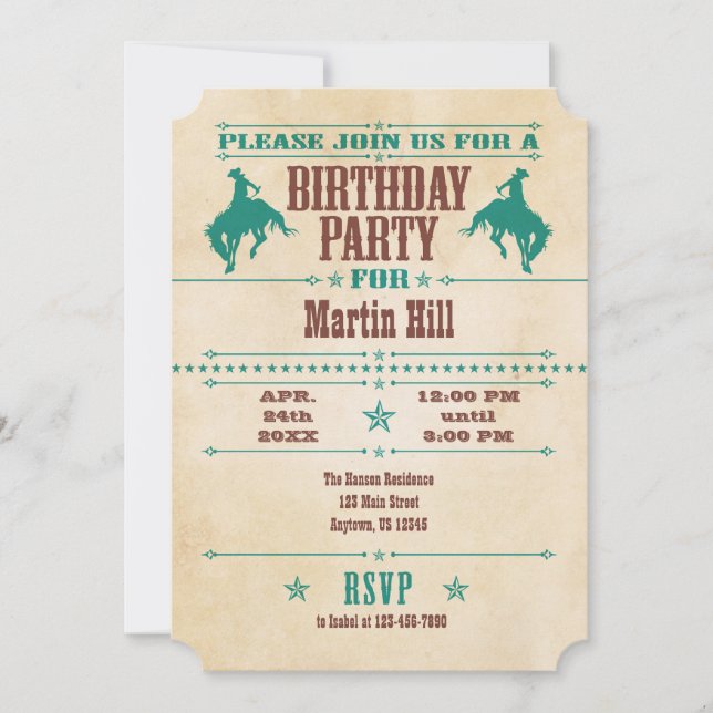 Teal Blue Vintage Cowboy Birthday Invitation (Front)