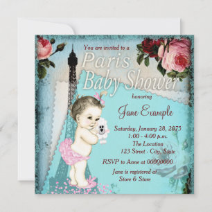 Teal Blue Vintage Paris Baby Shower Invitation