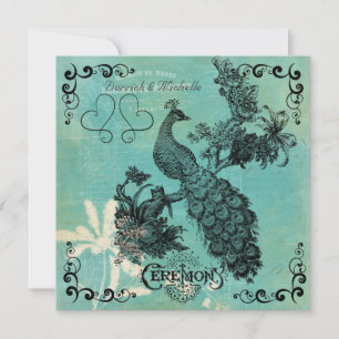 Teal Blue Vintage Peacock Wedding Invitation