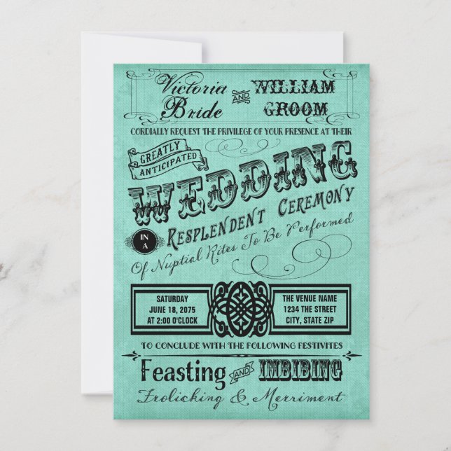 Teal Blue Vintage Typography Wedding Invitation (Front)