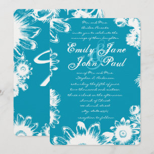 Teal Blue Vintage Wildflower Wedding Invitations