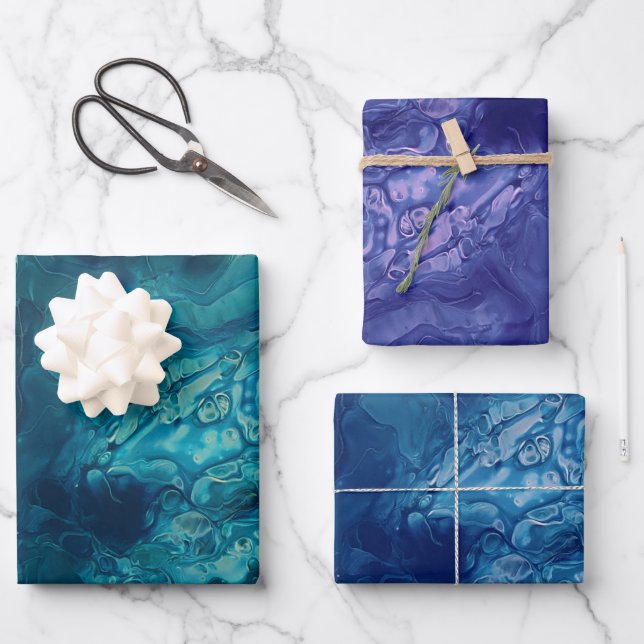 Teal Blue Violet Acrylic Pouring Fluid Art Wrapping Paper Sheet (Front)