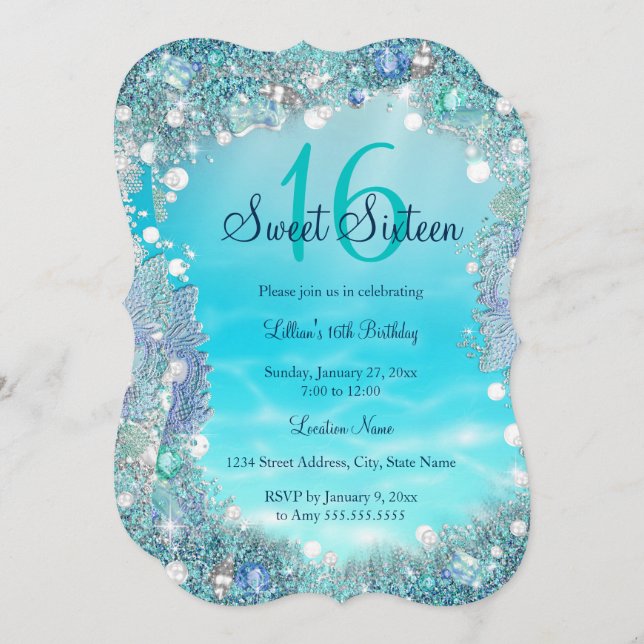 Teal Blue Water Ocean Pearls Sweet 16 Party Invitation (Front/Back)