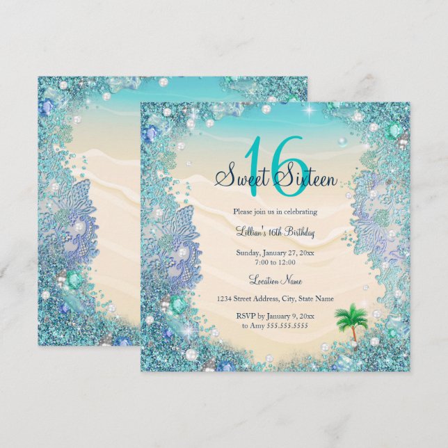 Teal Blue Water Ocean Sand Pearls Sweet 16 Party Invitation (Front/Back)