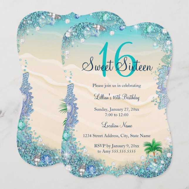 Teal Blue Water Ocean Sand Pearls Sweet 16 Party Invitation (Front/Back)