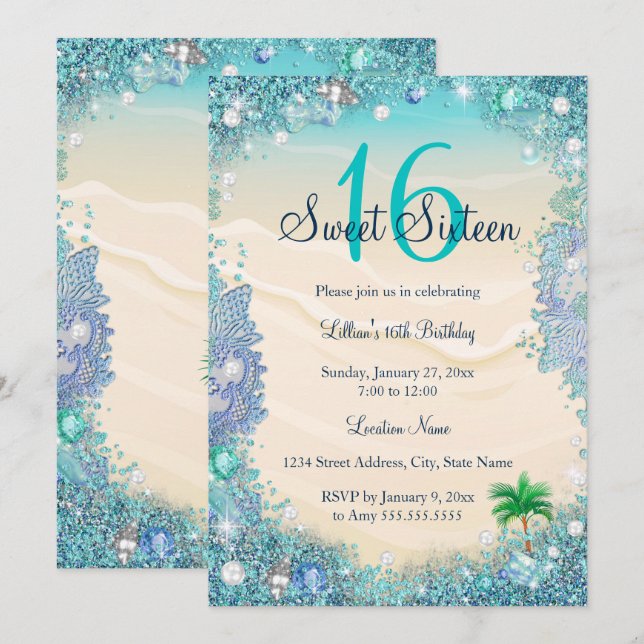 Teal Blue Water Ocean Sand Pearls Sweet 16 Party Invitation (Front/Back)