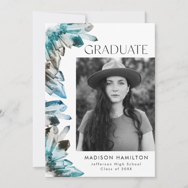 Teal Blue Watercolor Crystal Photo Graduation Announcement (Front)