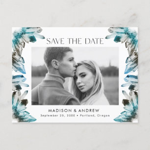 Teal & Blue Watercolor Crystal Photo Save the Date Announcement Postcard