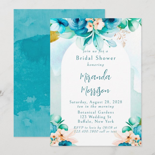 Teal Blue Watercolor Floral Arch Bridal Shower Invitation (Front/Back)