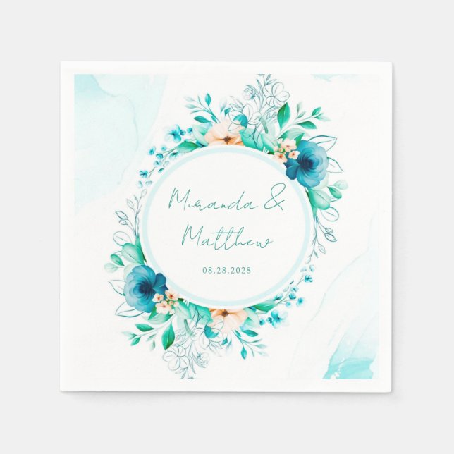 Teal Blue Watercolor Floral Geometric Wedding  Napkin (Front)