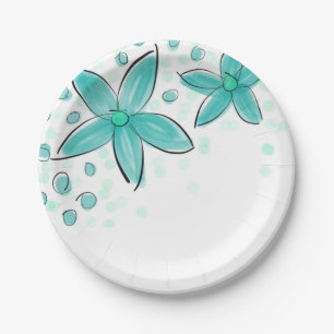 Teal Blue Watercolor Floral Pattern Paper Plate