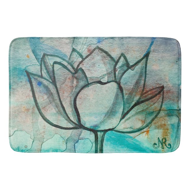    Teal Blue Watercolor Flower Elegant Artsy Lotus Bath Mat (Front)