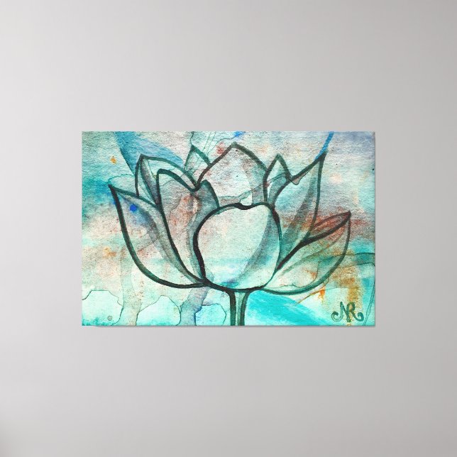    Teal Blue Watercolor Flower Elegant Artsy Lotus Canvas Print (Front)