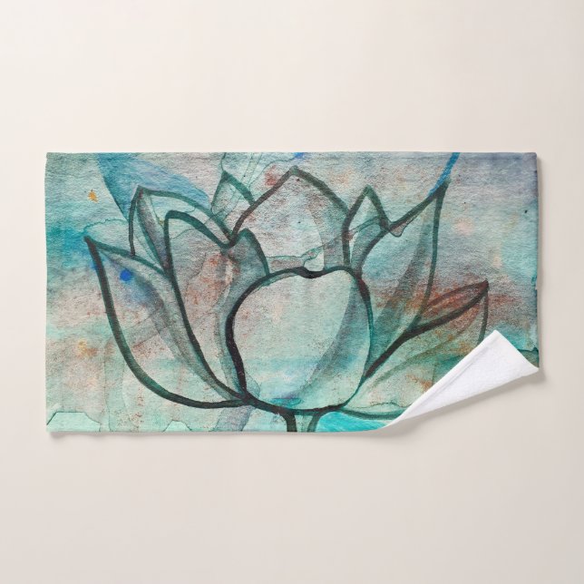    Teal Blue Watercolor Flower Elegant Artsy Lotus Hand Towel (Hand Towel)