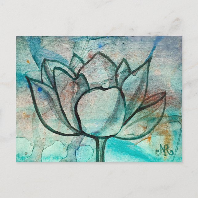    Teal Blue Watercolor Flower Elegant Artsy Lotus Postcard (Front)