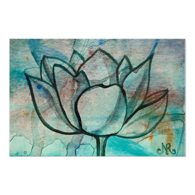    Teal Blue Watercolor Flower Elegant Artsy Lotus Poster (Front)