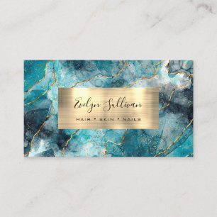 teal blue Watercolor Gold Veins Business Card