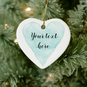 Teal blue watercolor heart painting Christmas Ceramic Tree Decoration