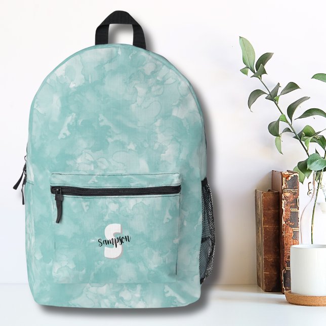 Teal Blue Watercolor Initial Monogram Printed Backpack (Cute Modern Monogram Teal Blue Watercolor Printed Backpack)
