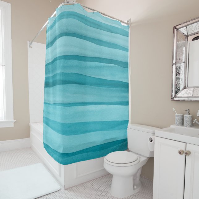 Teal Blue Watercolor Lines Pattern Shower Curtain (In Situ)