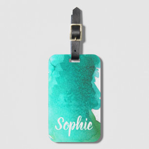 Teal blue watercolor personalised travel arty luggage tag