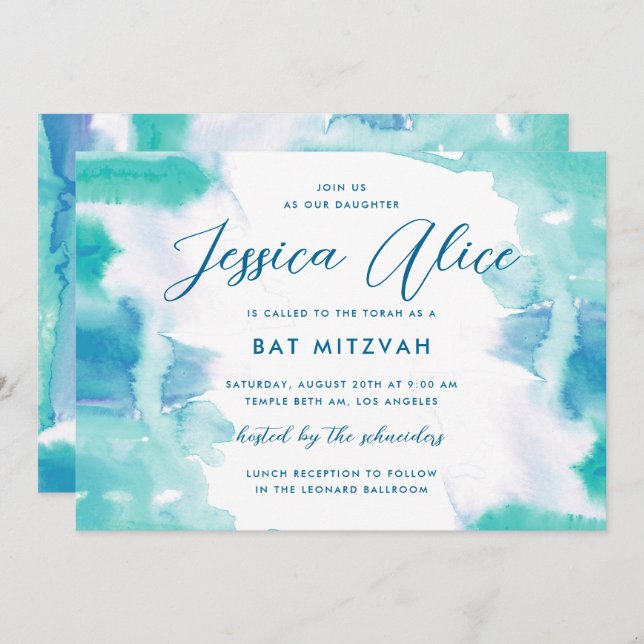 Teal Blue Watercolor Tie Dye Bat Mitzvah Invitation (Front/Back)