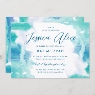Teal Blue Watercolor Tie Dye Bat Mitzvah Invitation